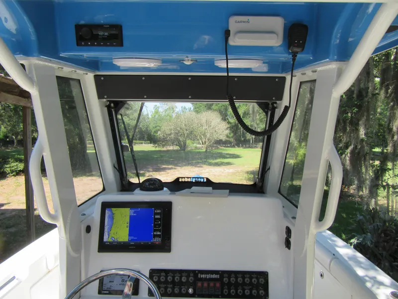 2017 Everglades 255 Center Console boat dashboard with navigation and control systems.