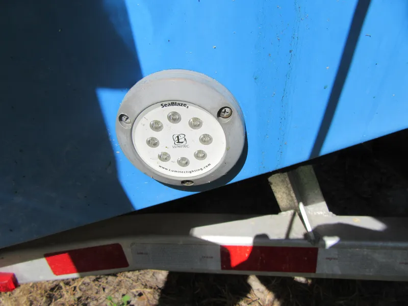 Close-up of Lumitec SeaBlaze3 light on 2017 Everglades 255 Center Console boat.