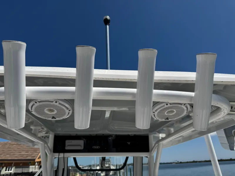 2024 Sea Hunt Gamefish 25 with rod holders and speakers.