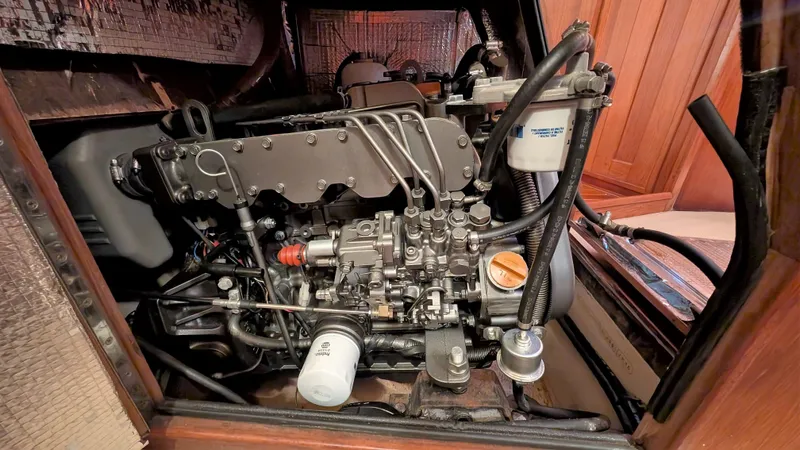 Engine compartment of a 1998 Island Packet 40 yacht.