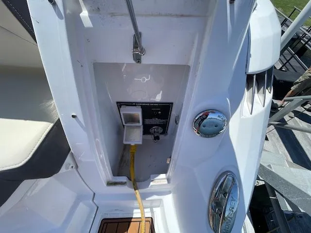 2019 Monterey 295 boat stern with power connection and deck details.