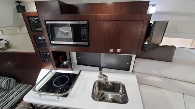 Modern kitchen in 2019 Monterey 295 boat with stove, sink, and microwave.