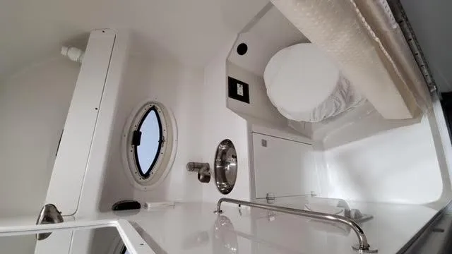 2019 Monterey 295 boat interior with porthole, sink, and compact bathroom amenities.