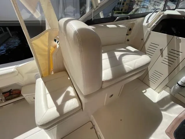 2017 Grady-White 300 Marlin boat interior with white leather seating.