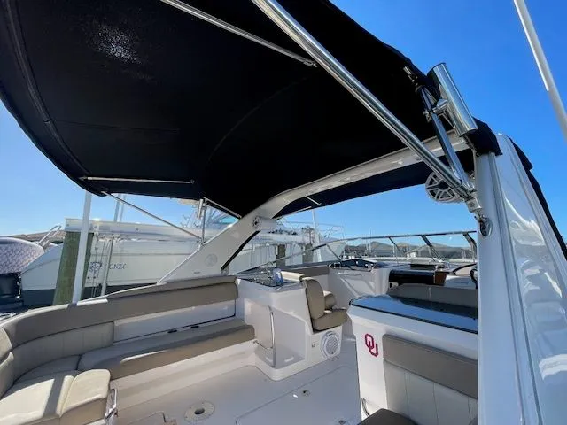 Interior of a 2014 Regal 3550 Cuddy yacht with sunshade.