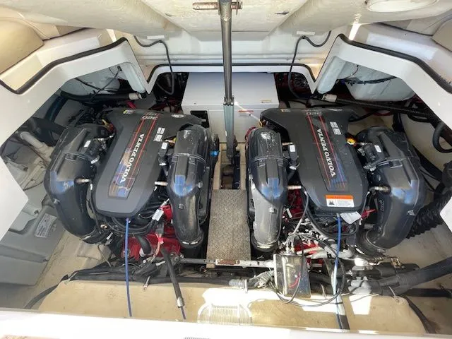 Engine compartment of 2014 Regal 3550 Cuddy with Volvo Penta engines.