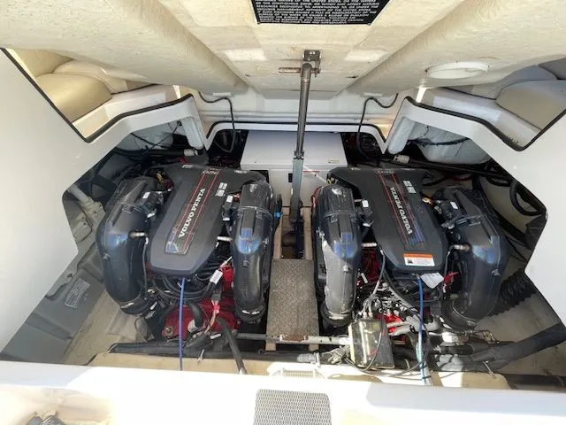 Engine compartment of 2014 Regal 3550 Cuddy with twin Volvo Penta engines.