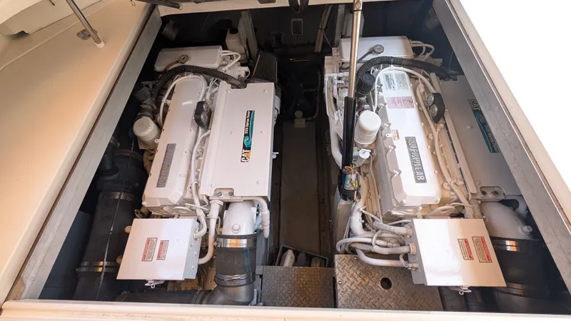 Engine room of 2000 Sea Ray 380 Sundancer with twin Caterpillar engines.
