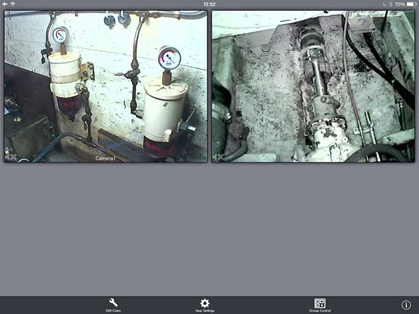 Screen showing multiple IP camera images monitoring engine room systems